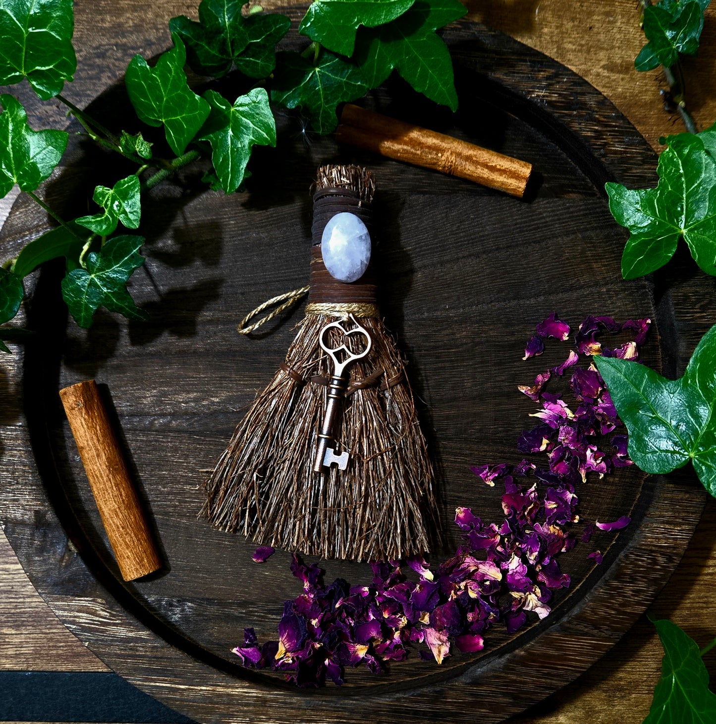 Skeleton Key Witch's Broom, Crystal Witch Altar Besom with Rose Quartz