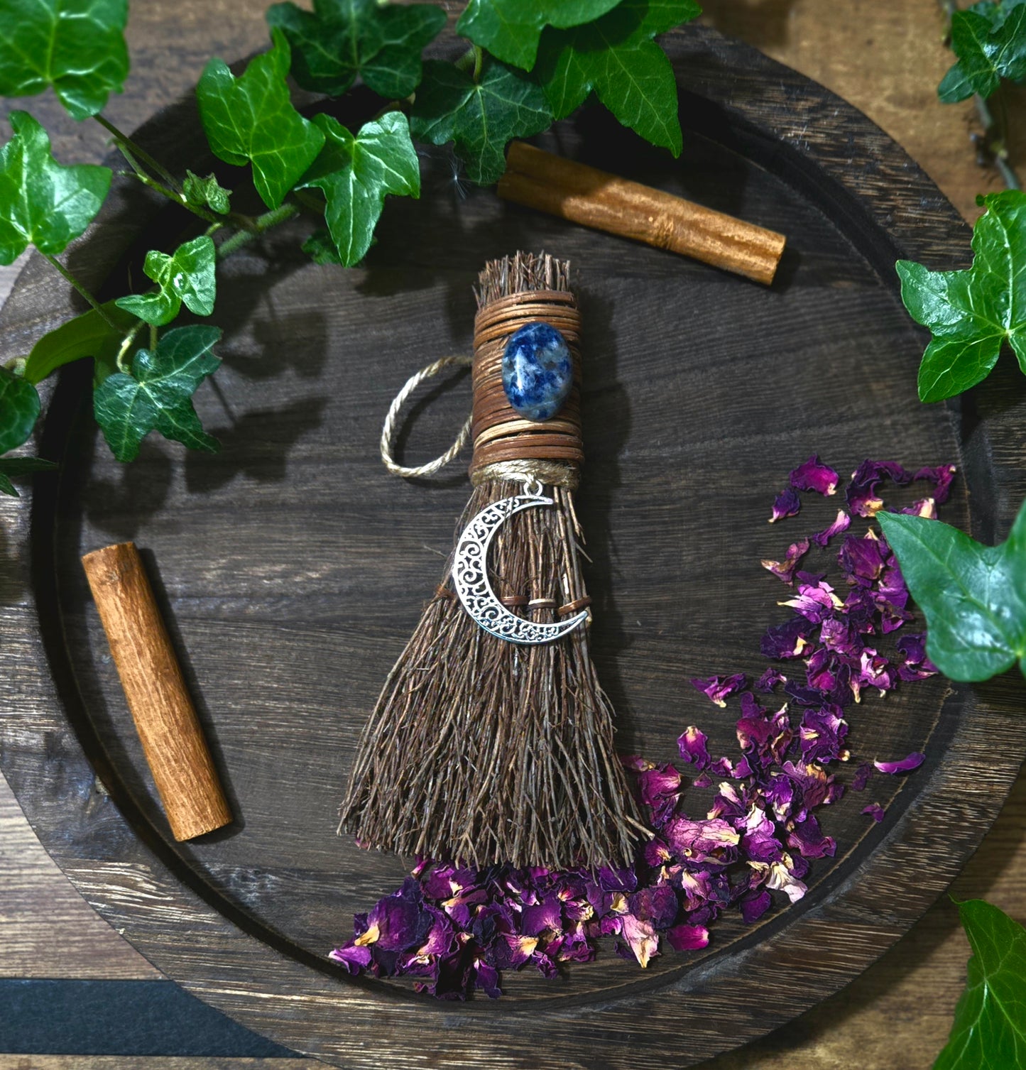 Crescent Moon Witch's Broom, Crystal Witch Altar Besom with Sodalite