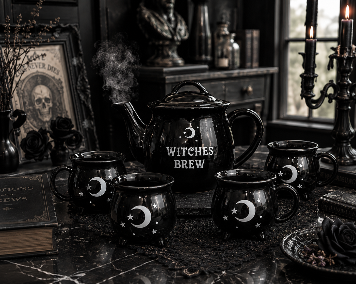 Witches Brew Black Teapot Set with 4 Mugs | Gothic Bone China Tea Set