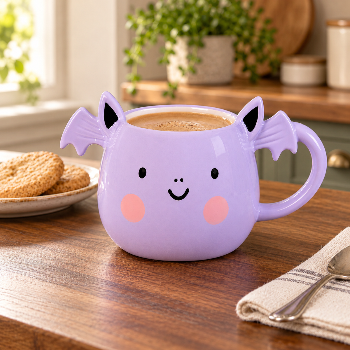 Smiling lilac bat mug with pink cheeks beside cookies on a sunlit wooden kitchen counter.