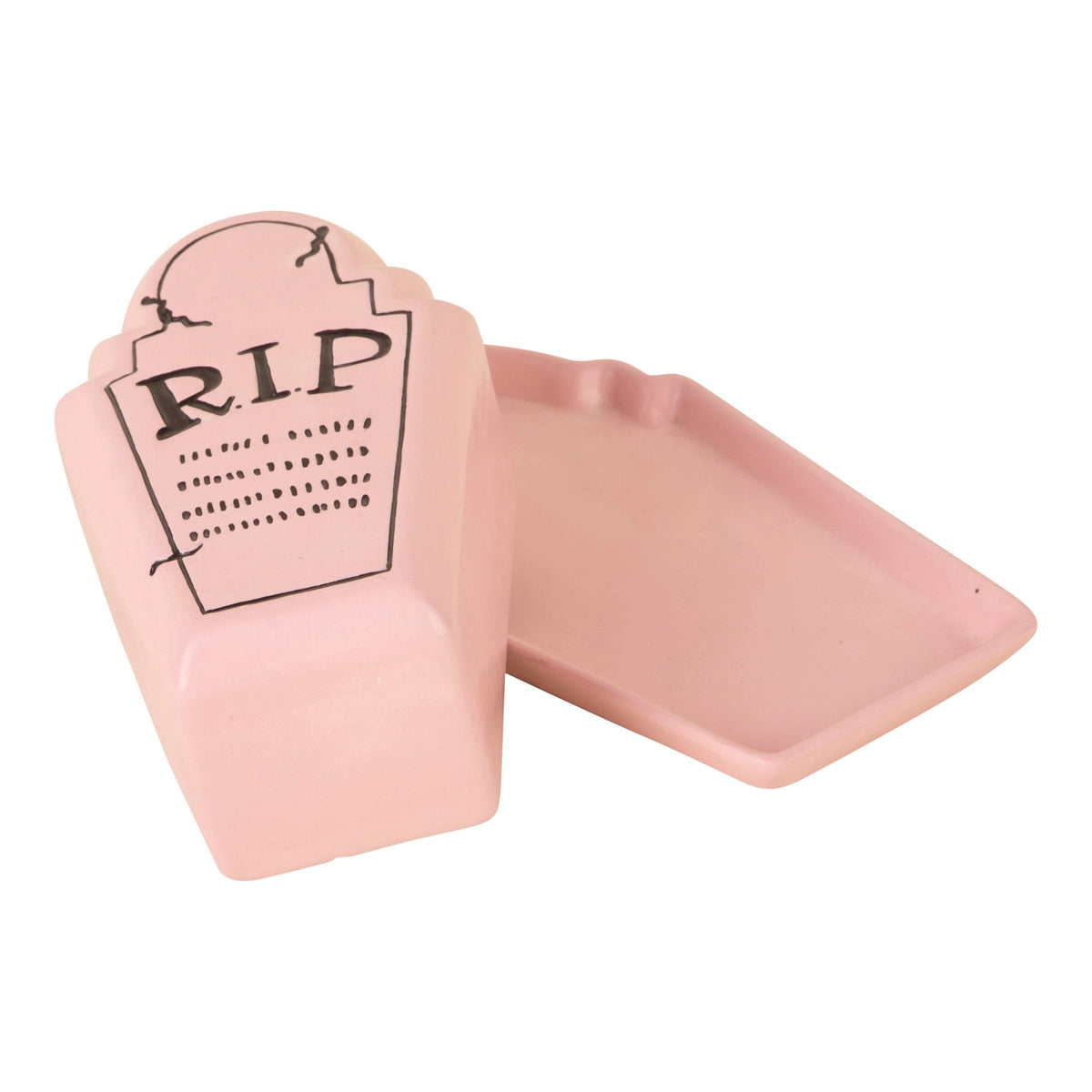 Pink R.I.P. tombstone butter dish with its lid standing beside the empty matching tray on a white background.
