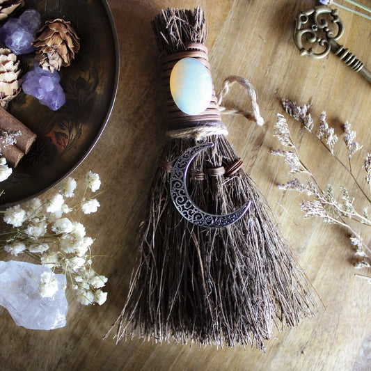 Crescent Moon Witch's Broom, Crystal Witch Altar Besom with Opalite