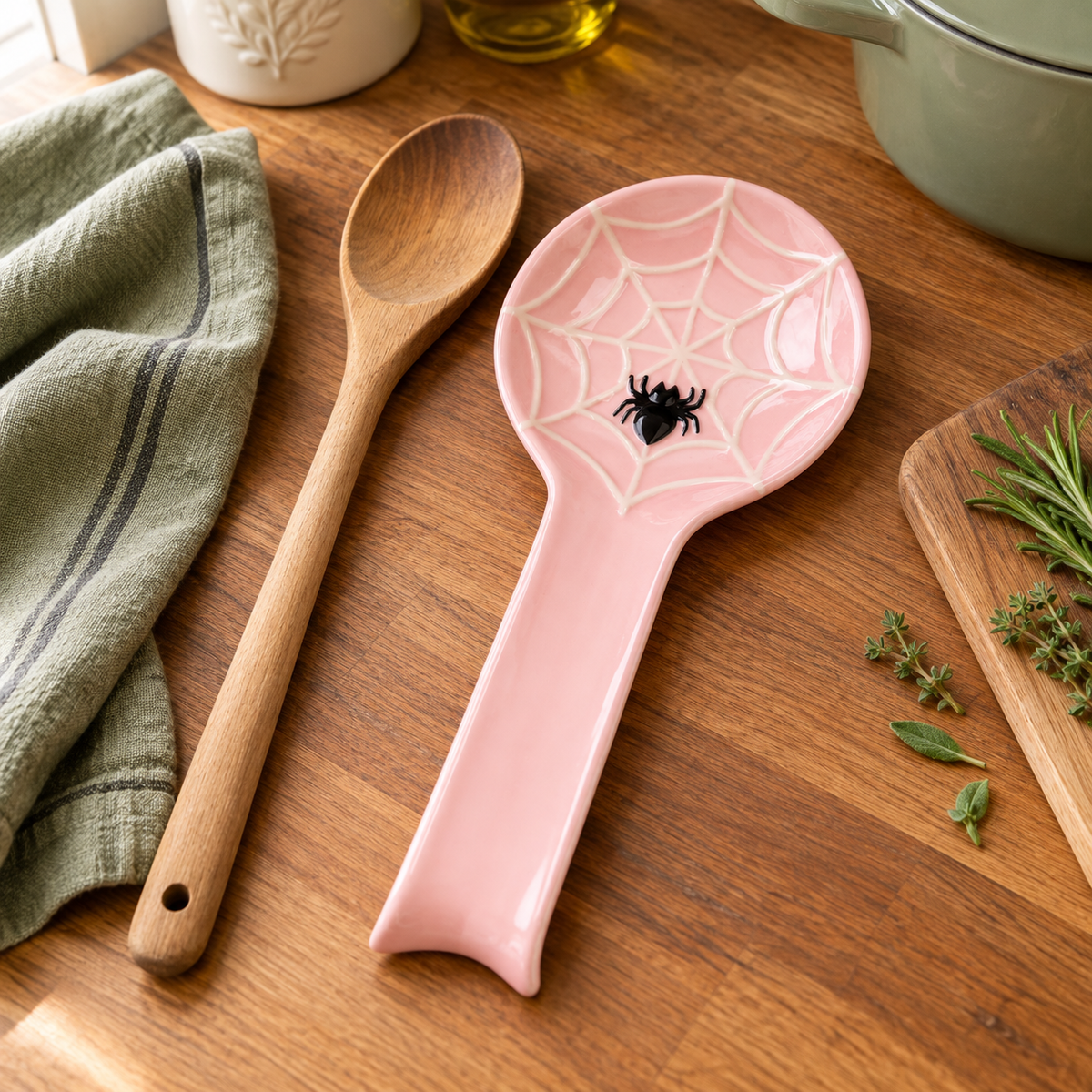 Pink spoon rest with a raised cream spiderweb and black spider beside a wooden spoon on a sunlit wood counter.