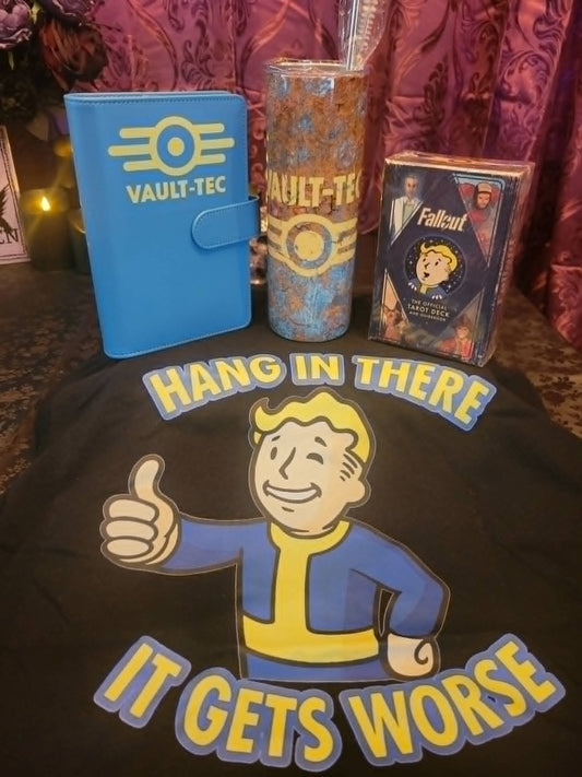 Fallout Tarot Gift Bundle | Vault-Tec Tarot Journal, Fallout Tarot Deck, Tumbler & Funny Gamer Shirt