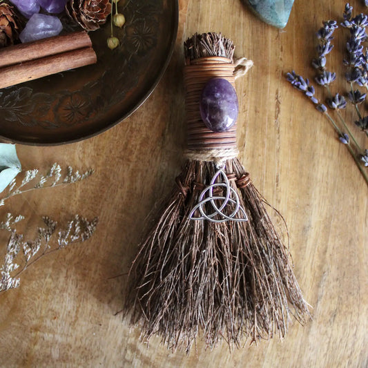 Triquetra Witch's Broom, Witchy Altar Crystal Besom with Amethyst