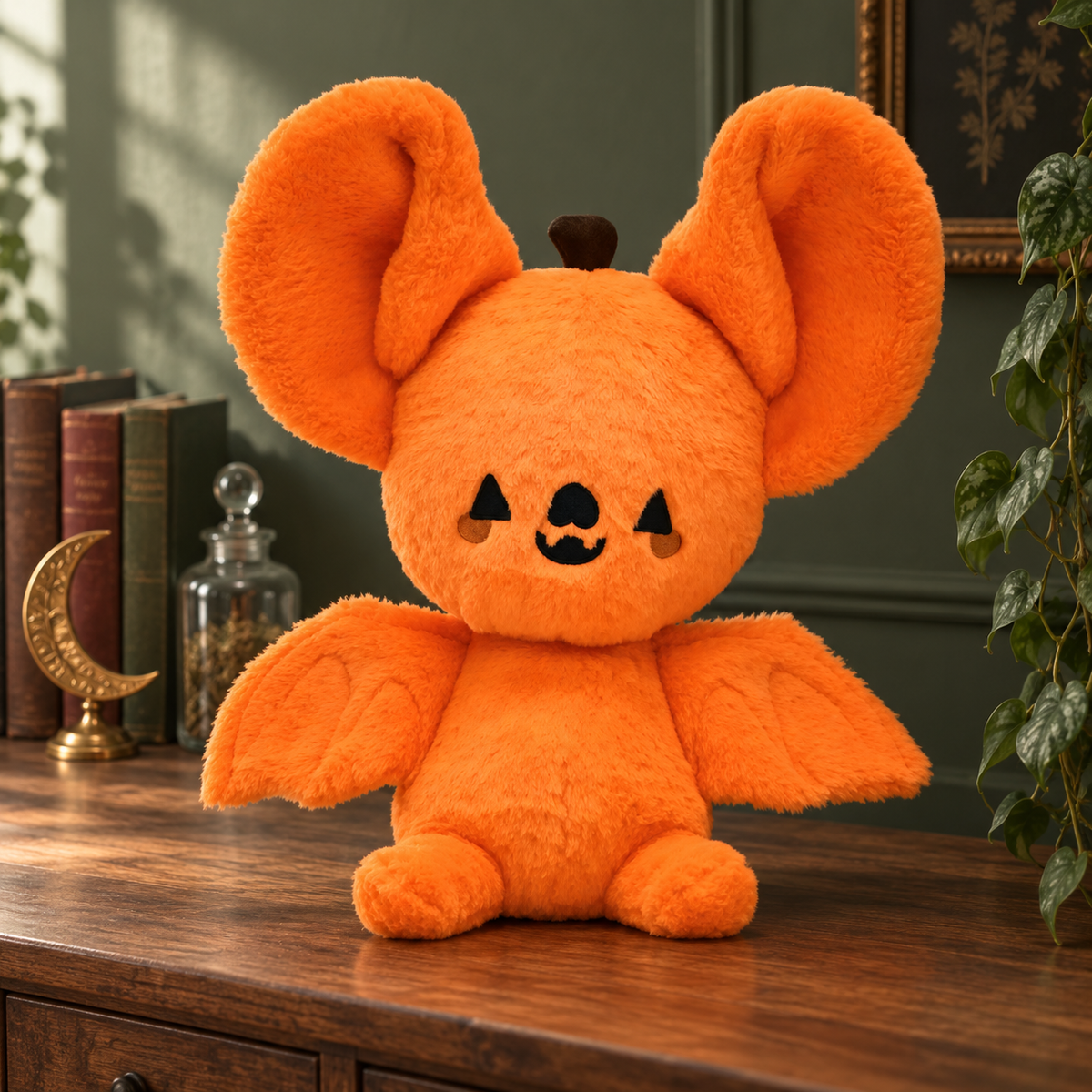 Orange pumpkin bat plushie on a walnut console with books, a brass crescent moon, and a plant against a sage wall.