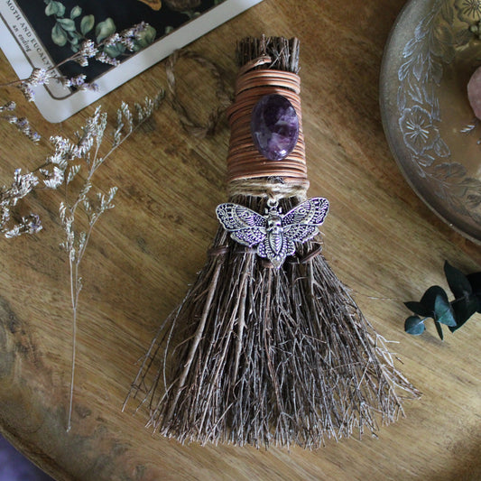 Death's Head Moth Witch's Broom, Crystal Witch Altar Besom with Amethyst