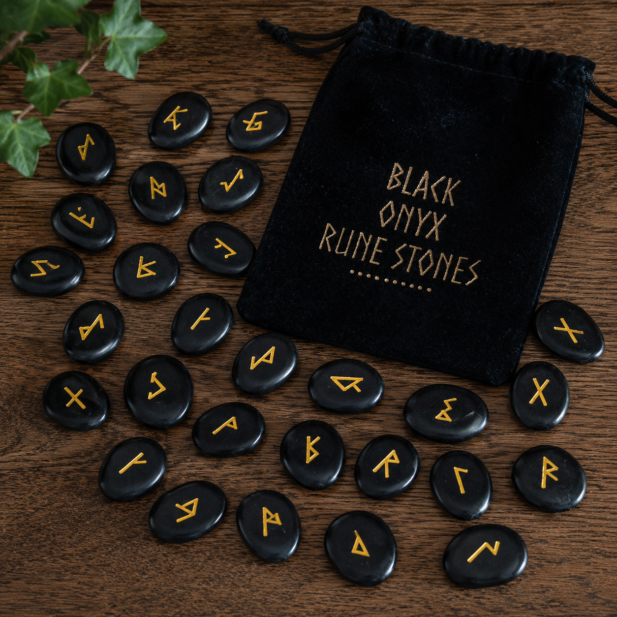 Black Onyx Viking Rune Stones Set – 25 Norse Divination Runes with Drawstring Pouch