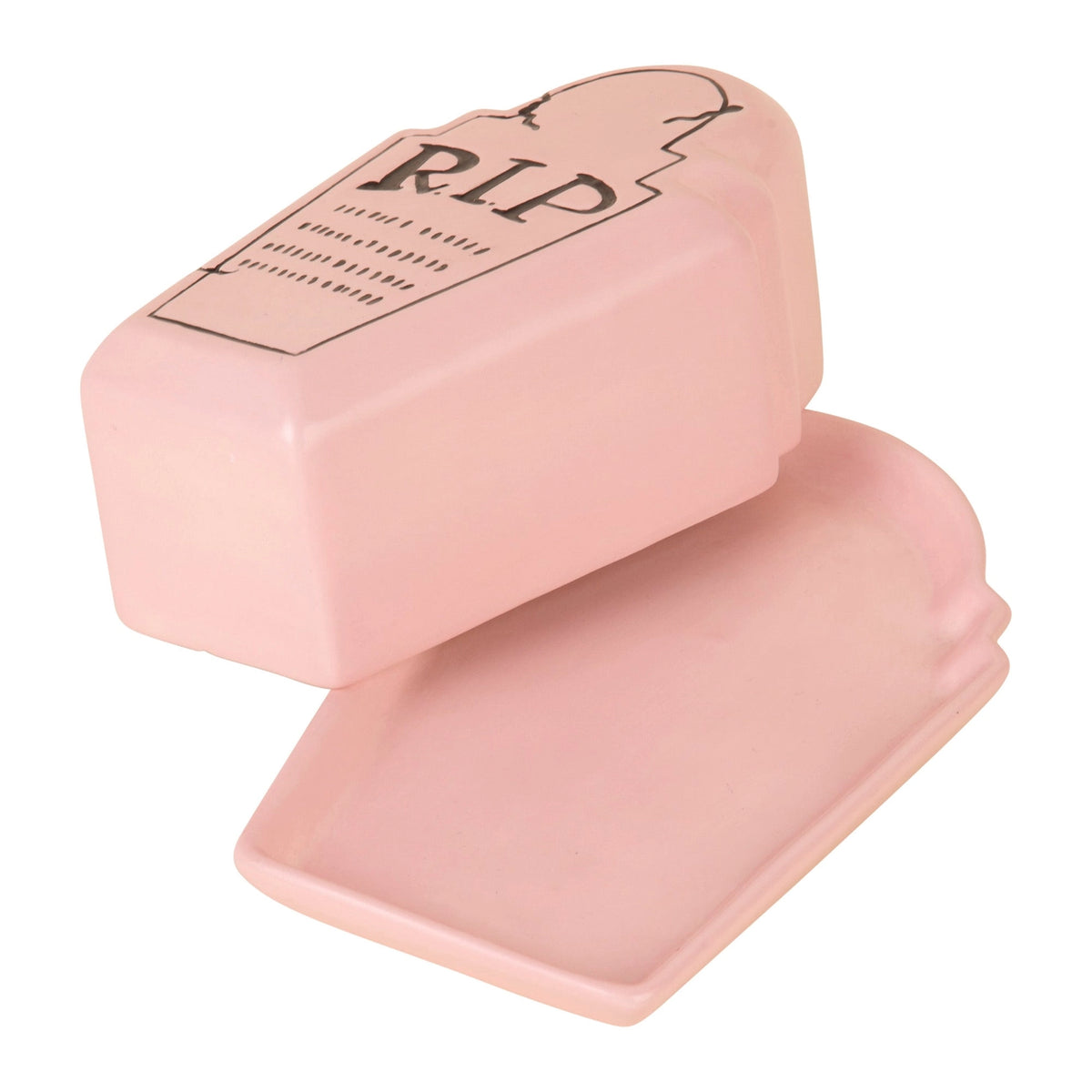 Pink R.I.P. butter dish with its lid tilted above the matching tray, showing the two separate pieces.