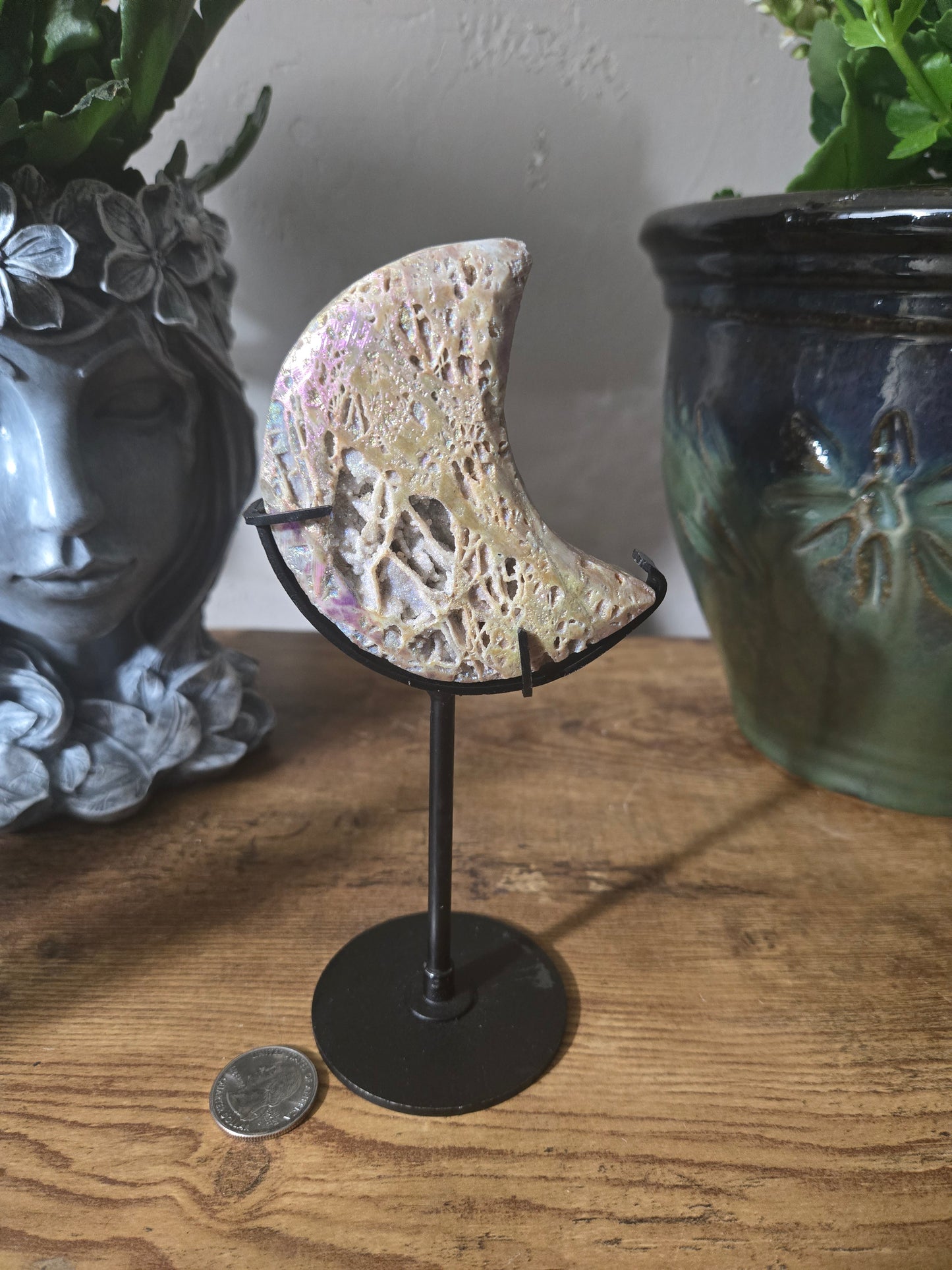 Aura Coated Sphalerite Moon Carving