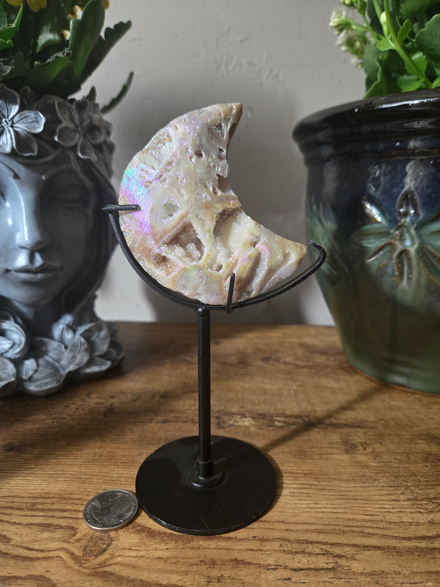 Aura Coated Sphalerite Moon Carving
