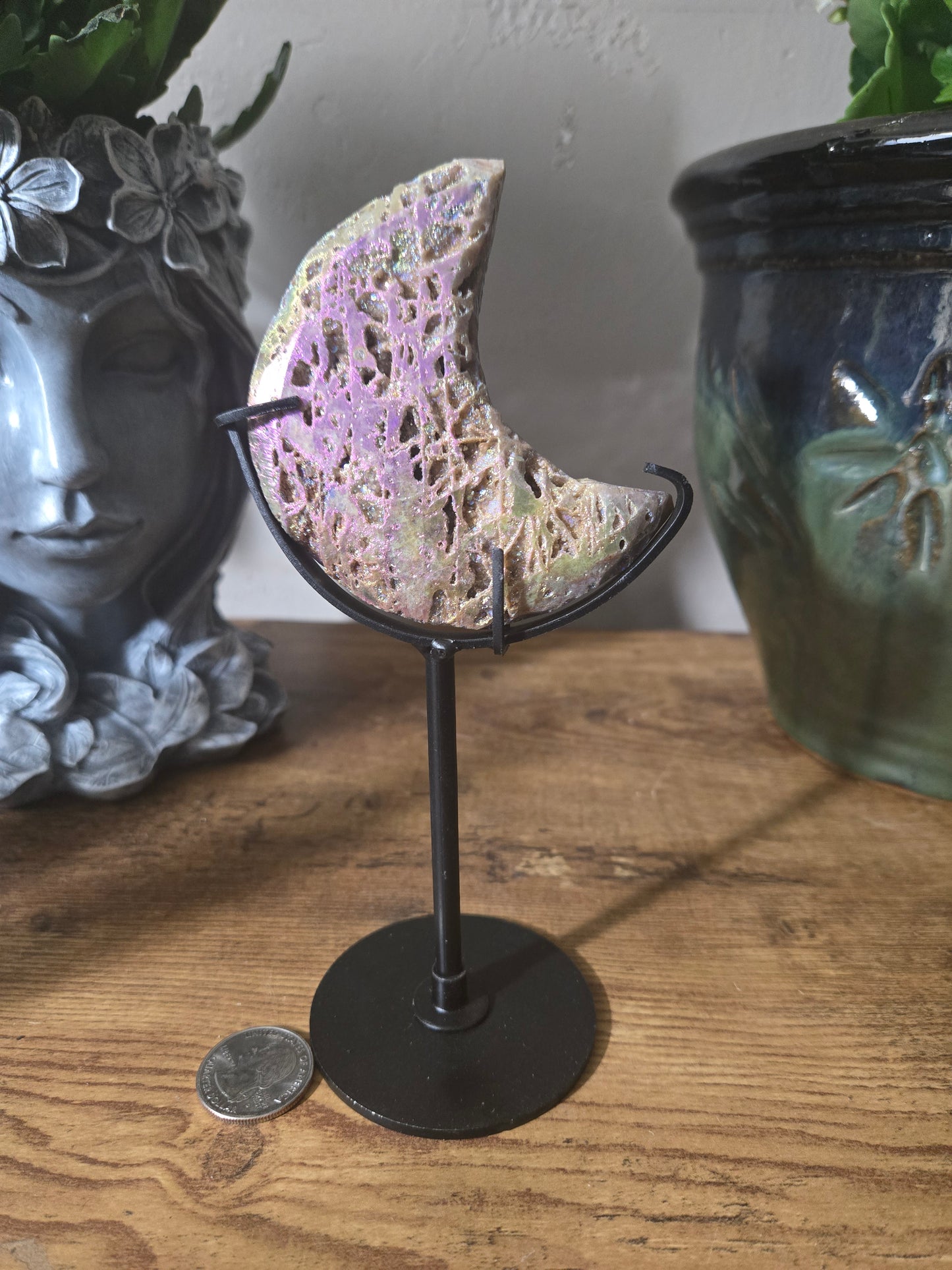 Aura Coated Sphalerite Moon Carving