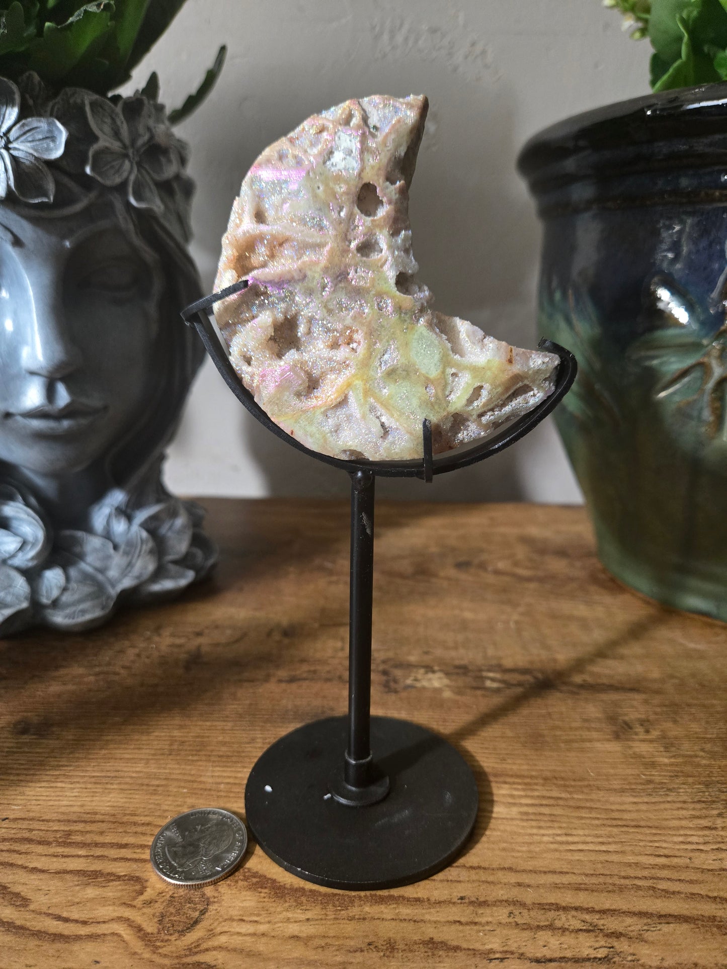 Aura Coated Sphalerite Moon Carving