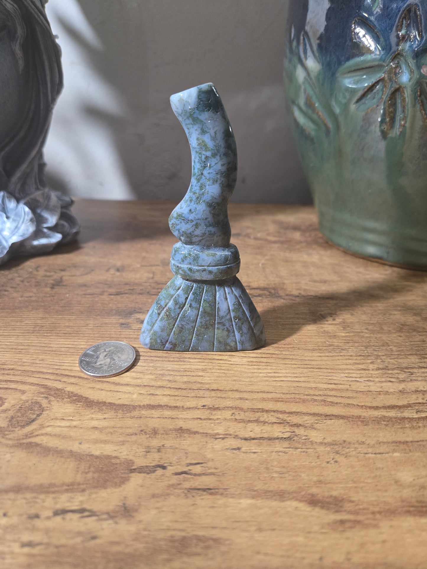 Moss Agate Broom Carving
