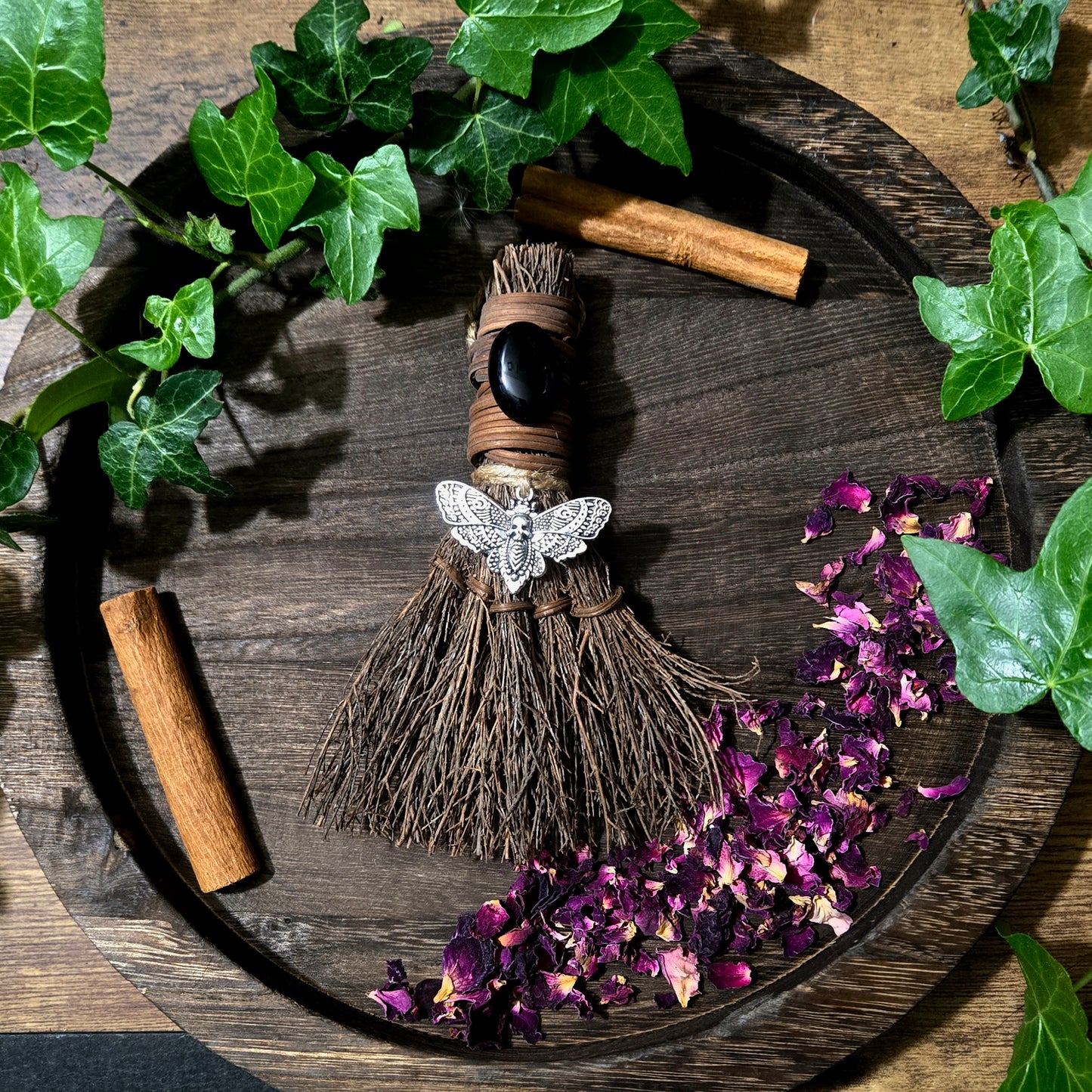 Death's Head Moth Witch's Broom, Crystal Witch Altar Besom with Black Onyx