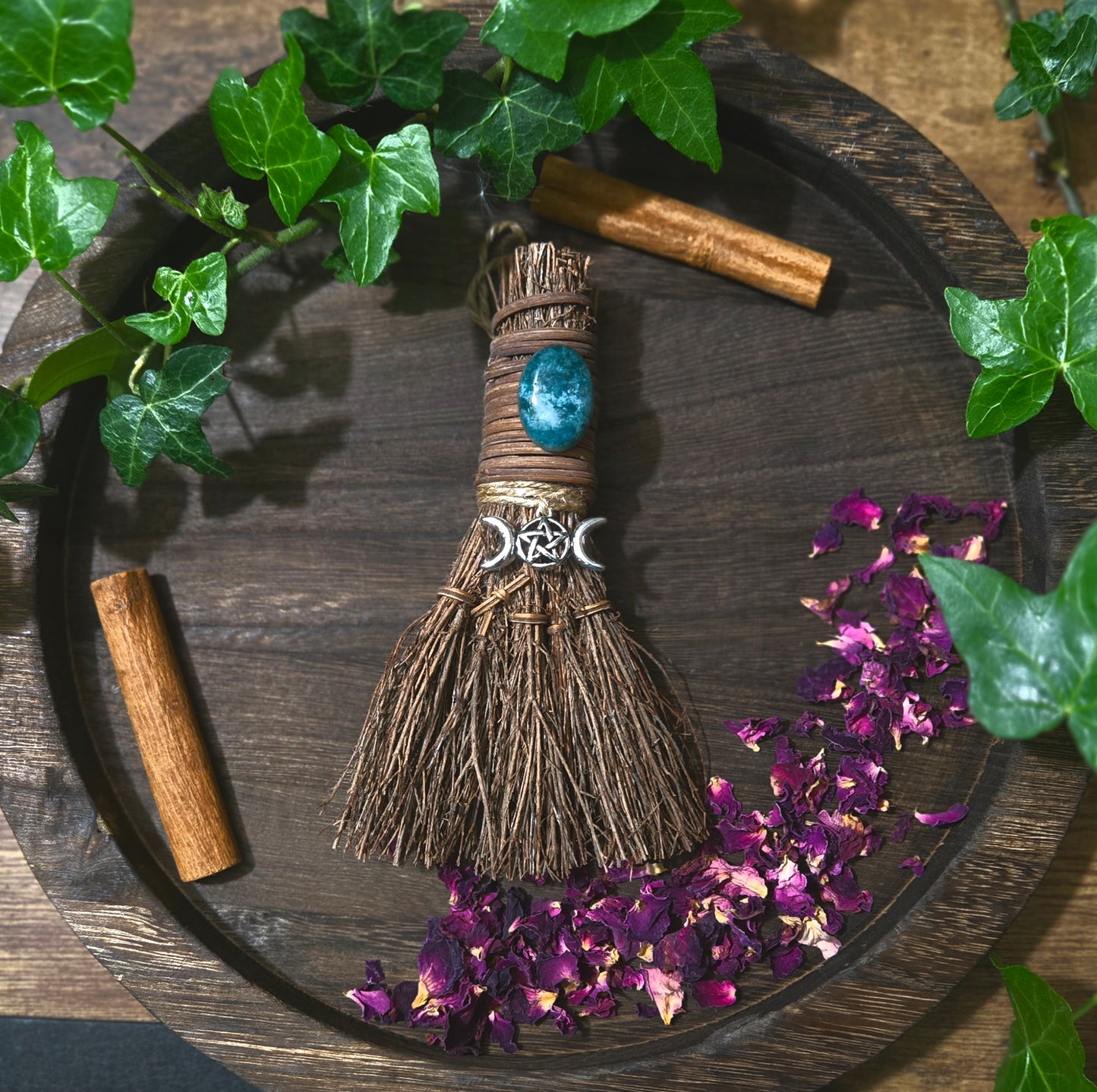 Triple Moon Pentacle Witch's Broom, Witchy Altar Besom with Moss Agate