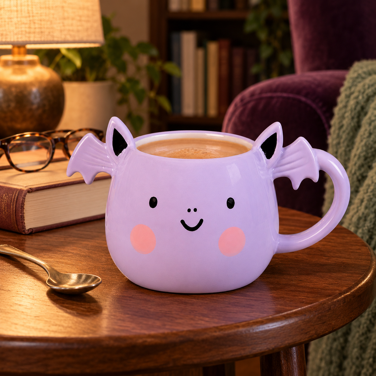 Smiling lilac bat mug on a wooden side table beside a book and reading glasses, with a purple armchair behind it.