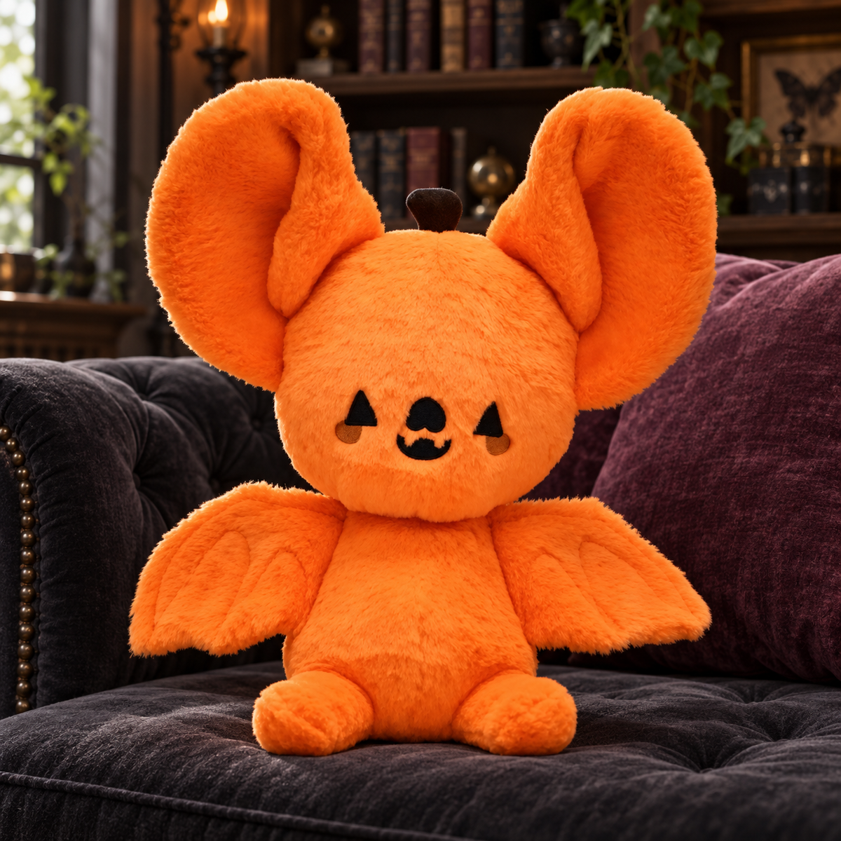 Orange pumpkin bat plushie on a charcoal velvet sofa beside a plum cushion, with dark bookshelves behind.