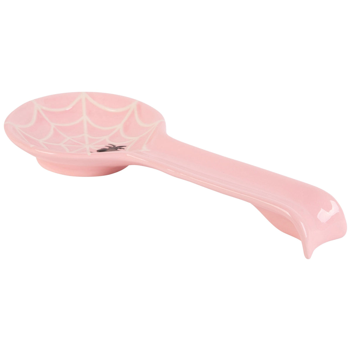 Side view of a pink spiderweb spoon rest showing its shallow bowl and curved handle on a white background.