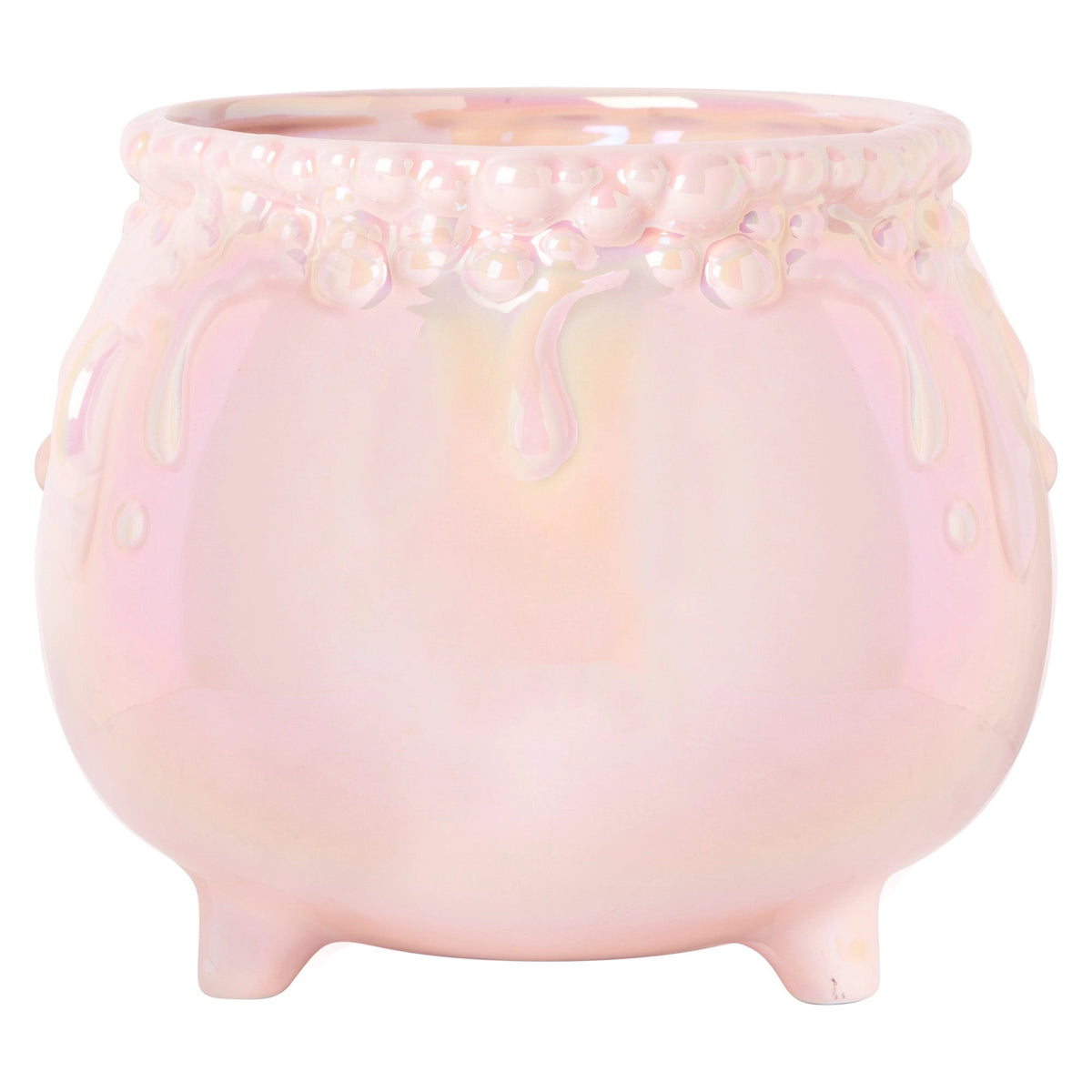 Light pink iridescent cauldron bowl with small feet and raised bubble-and-drip details on a white background.