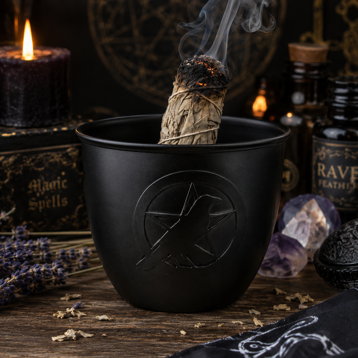 Pentacle Raven Metal Smudge Pot | 5" Incense Burner & Altar Bowl