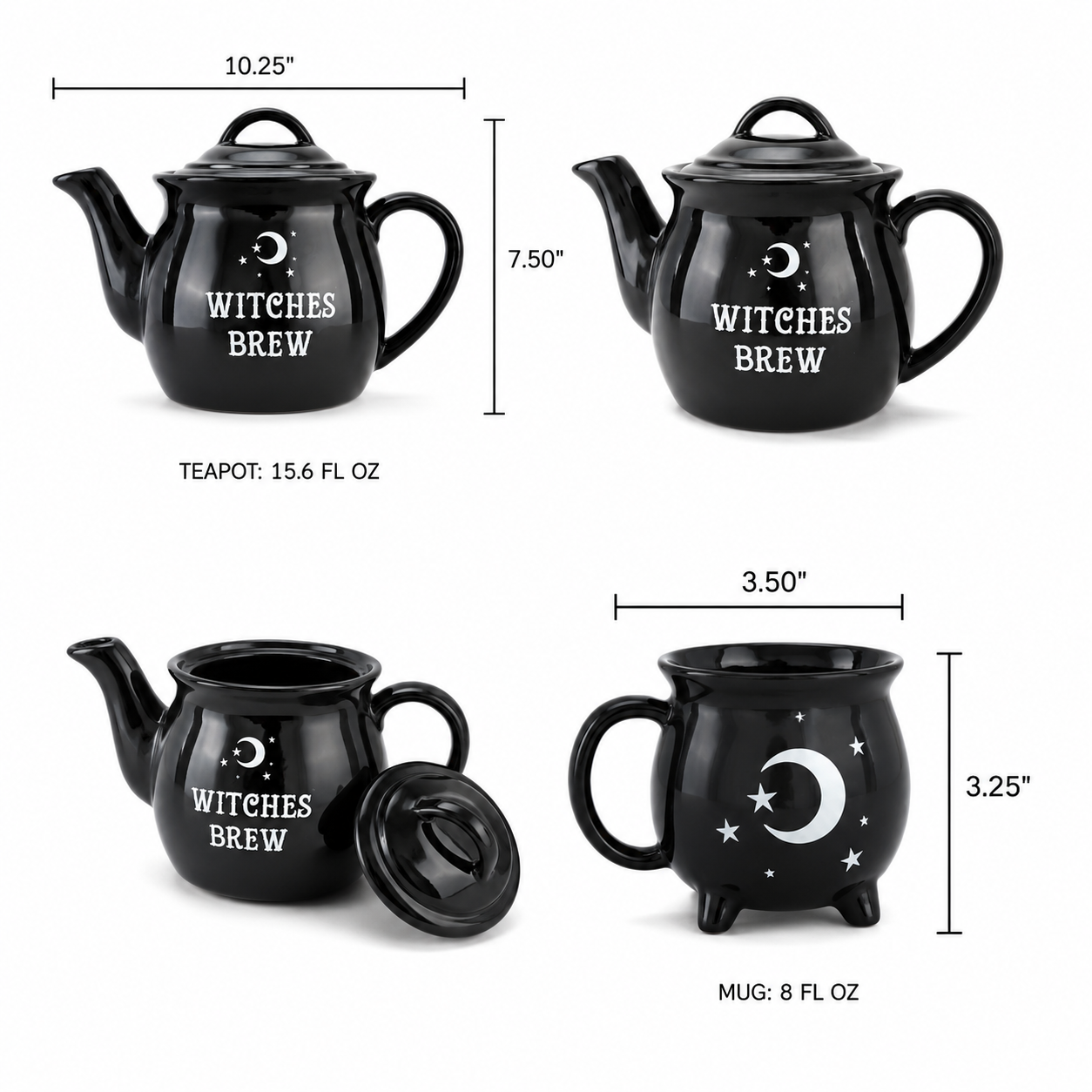 Witches Brew Black Teapot Set with 4 Mugs | Gothic Bone China Tea Set