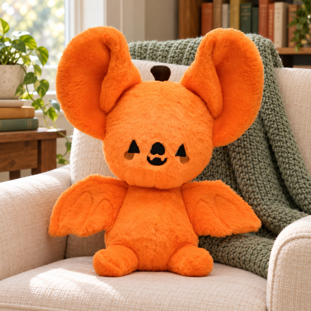 Orange pumpkin bat plushie on a cream armchair beside a sage knit throw in a sunny reading nook.