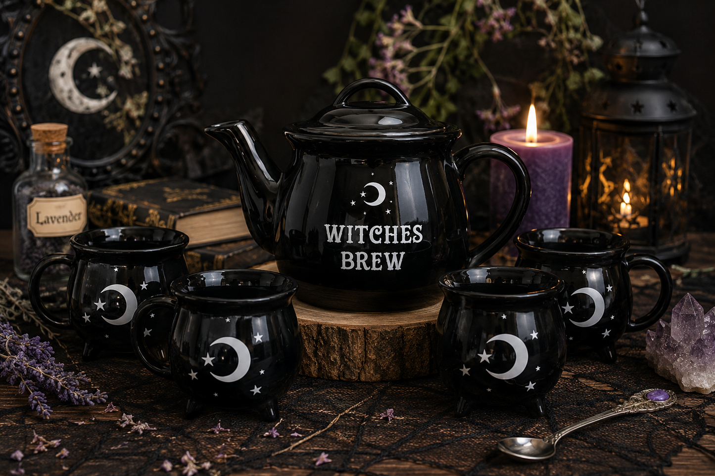 Witches Brew Black Teapot Set with 4 Mugs | Gothic Bone China Tea Set