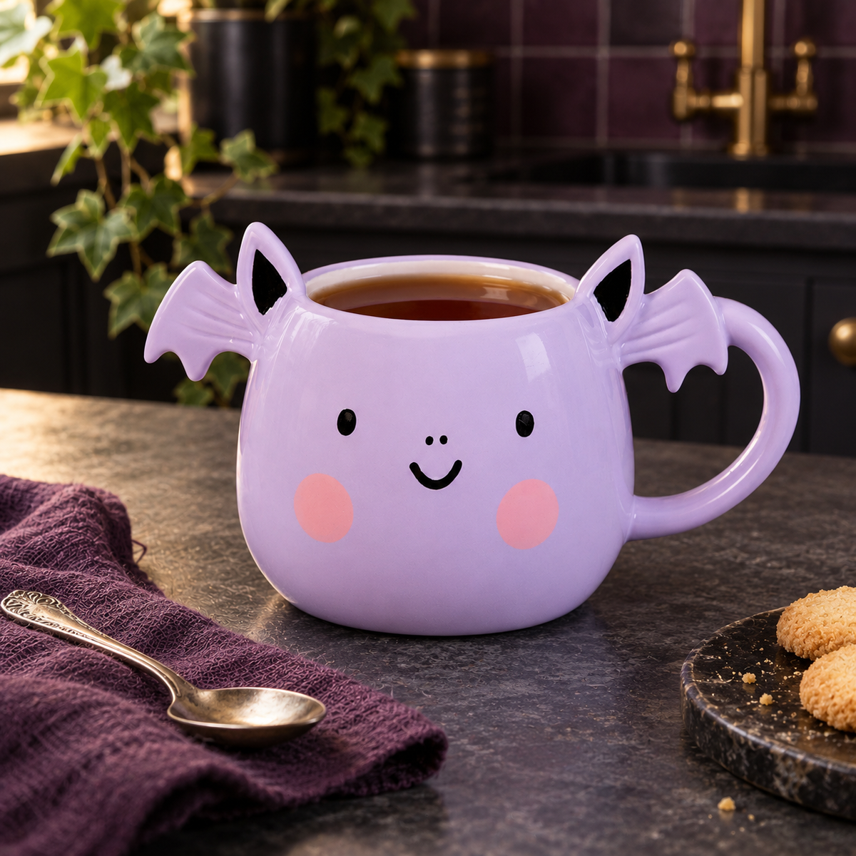Lilac bat mug with a smiling face and pink cheeks on a dark kitchen counter beside cookies and a plum cloth.