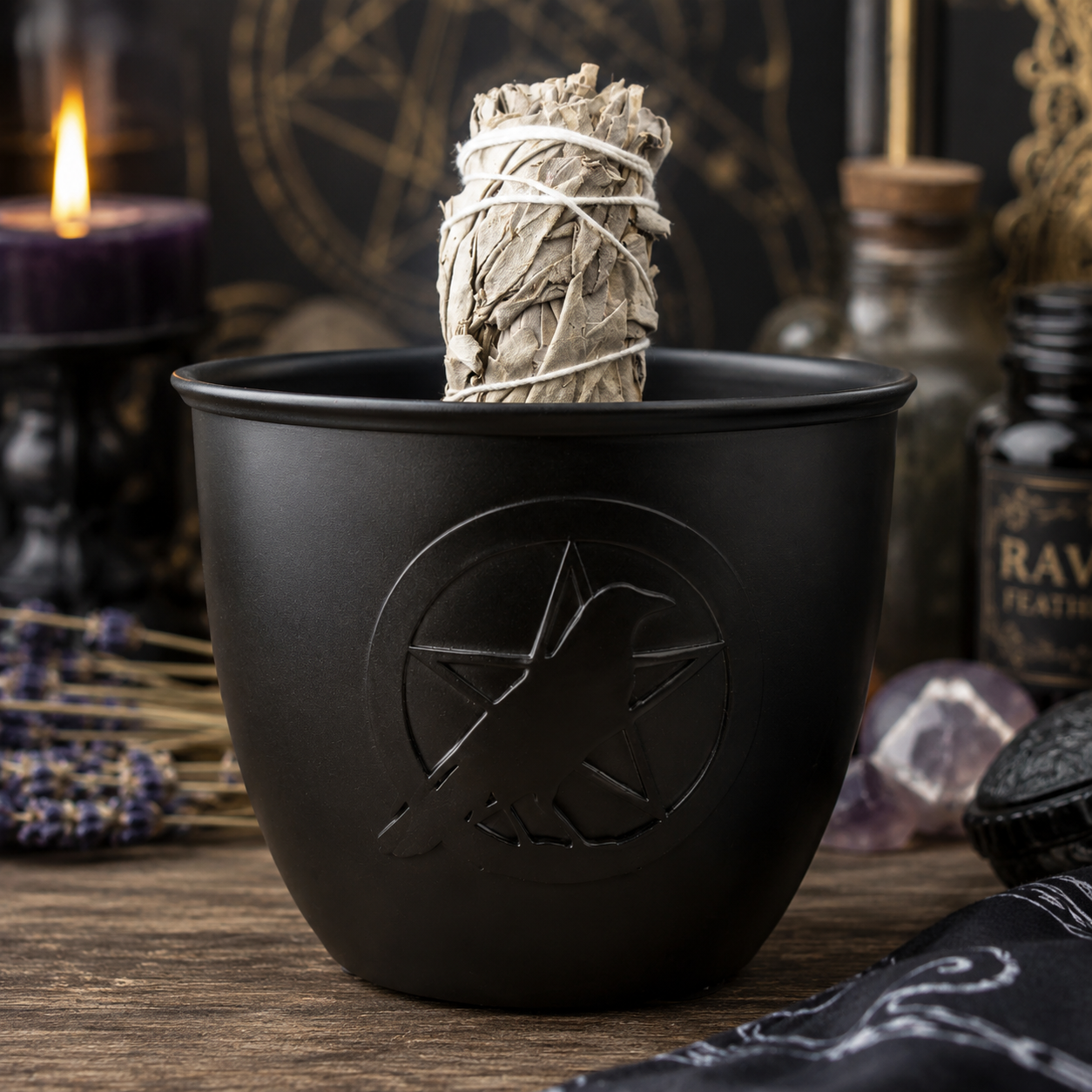 Pentacle Raven Metal Smudge Pot | 5" Incense Burner & Altar Bowl