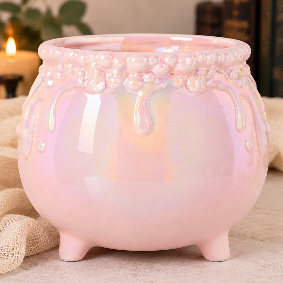 Pink iridescent footed cauldron bowl on a pale counter beside cream fabric, books and a lit candle.