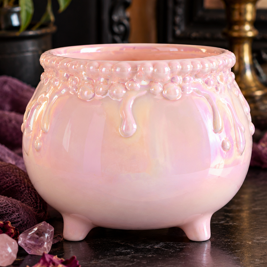 Pink iridescent cauldron bowl on a dark counter beside plum fabric, crystals and a brass candleholder.