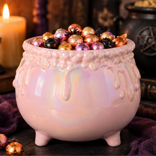 Pink iridescent footed cauldron bowl filled with foil-wrapped sweets beside plum fabric and books.