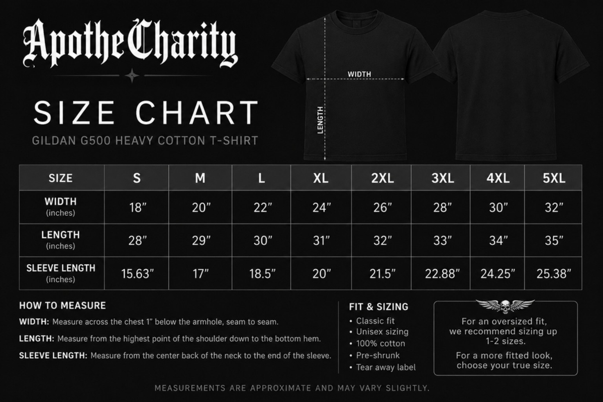 ApotheCharity Gildan G500 unisex heavy cotton T-shirt size chart showing S through 5XL measurements