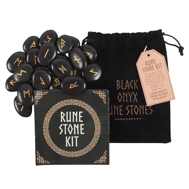 Black Onyx Viking Rune Stones Set – 25 Norse Divination Runes with Drawstring Pouch