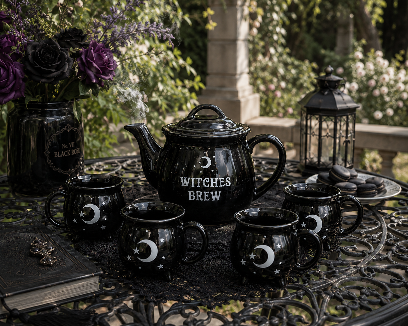 Witches Brew Black Teapot Set with 4 Mugs | Gothic Bone China Tea Set