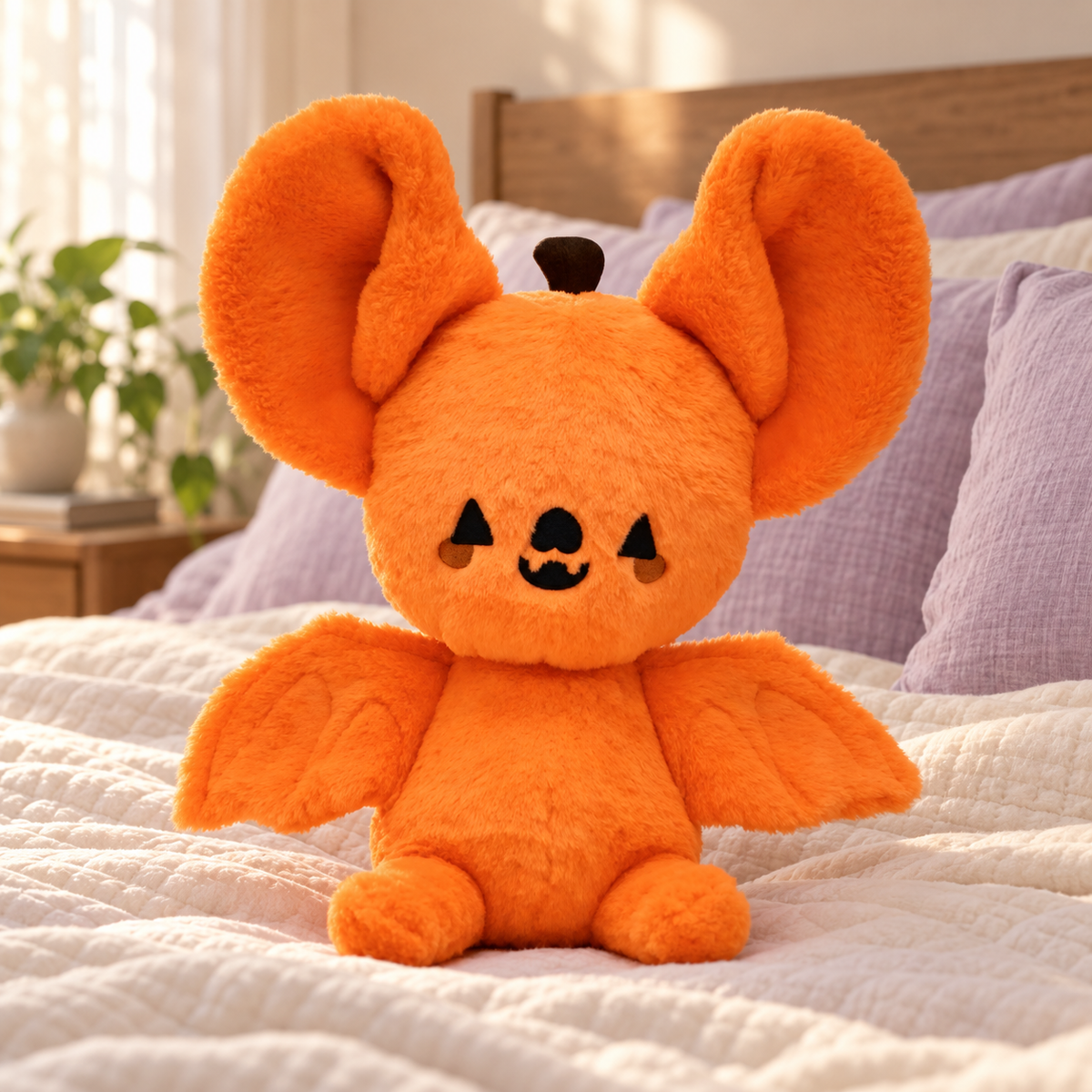 Orange pumpkin bat plushie on a cream quilt with lavender pillows in a sunlit bedroom.