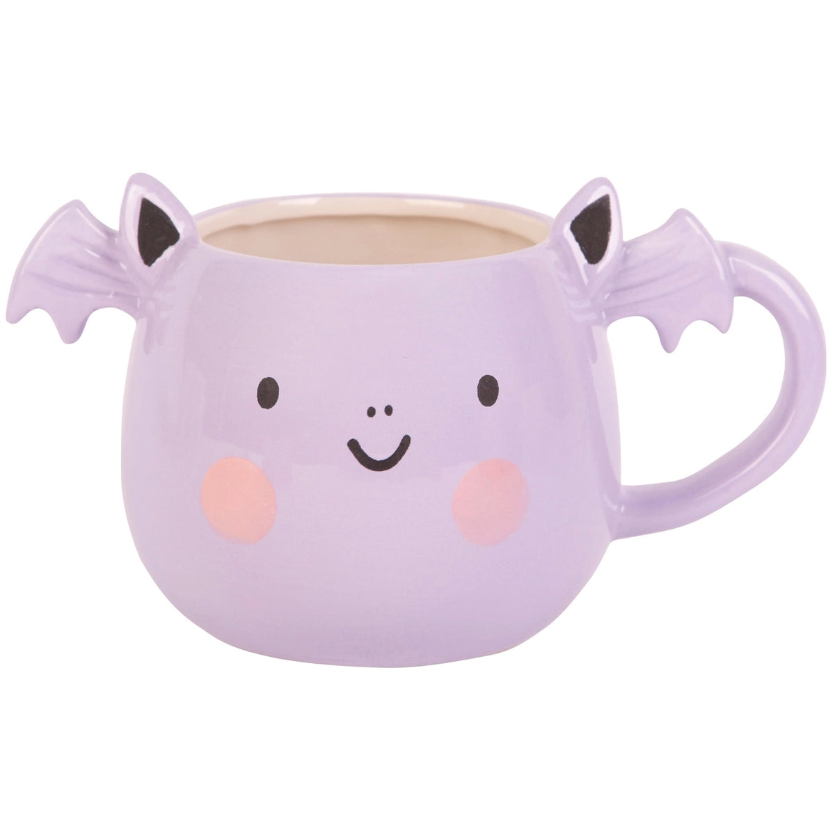 Lilac bat mug with scalloped wings, pointed ears, a smiling face and pink cheeks on a white background.