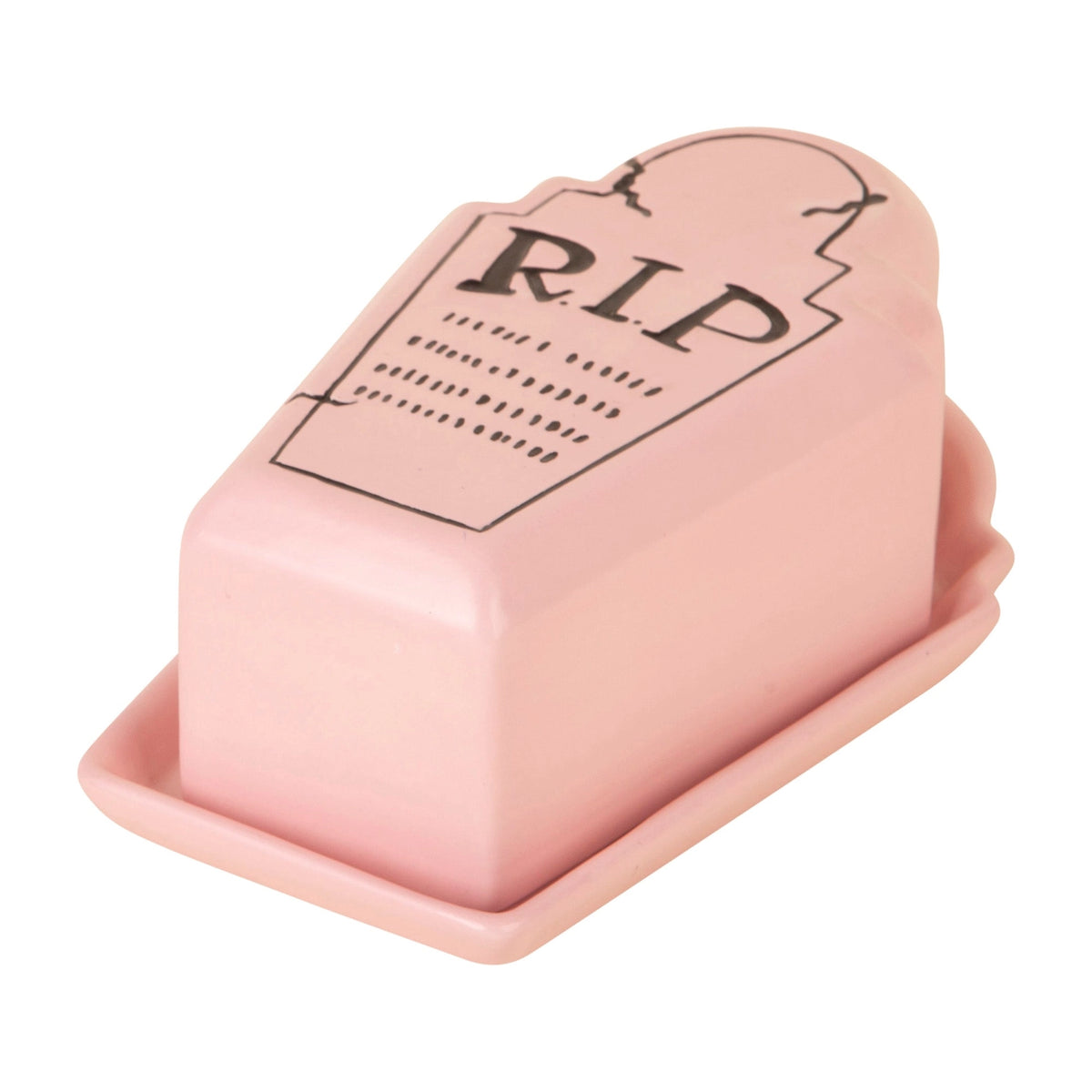 Pink tombstone butter dish with black R.I.P. lettering and its lid resting on a matching pink tray.