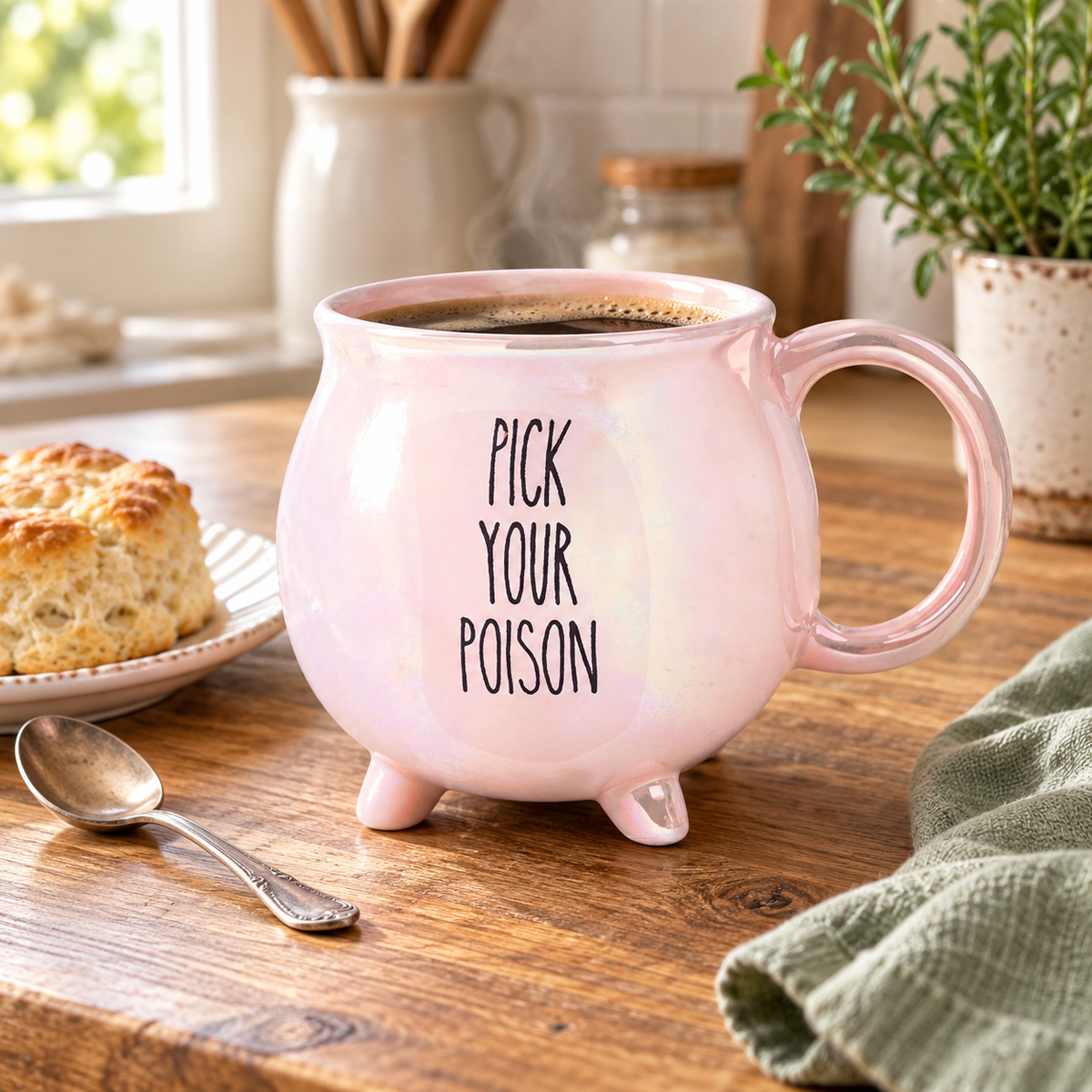 Pink iridescent Pick Your Poison cauldron mug beside a pastry on a sunlit wooden kitchen counter.