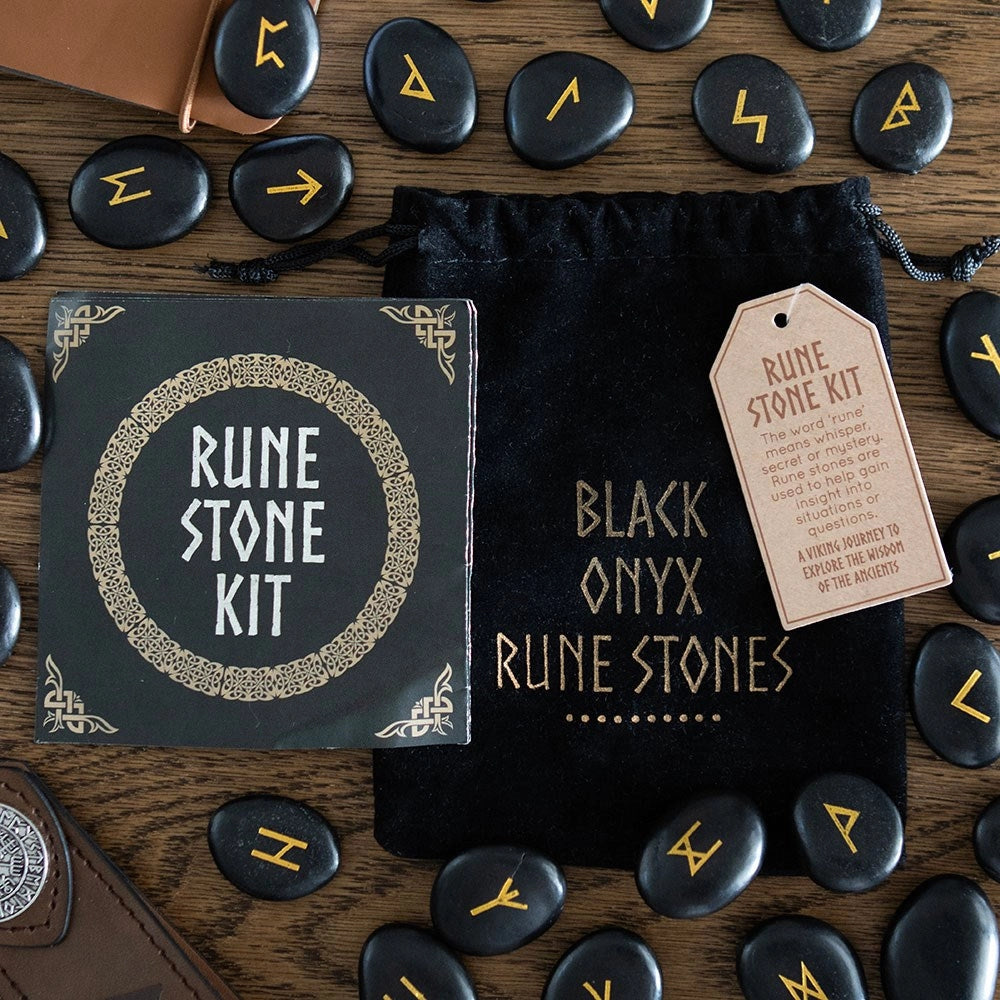 Black Onyx Viking Rune Stones Set – 25 Norse Divination Runes with Drawstring Pouch