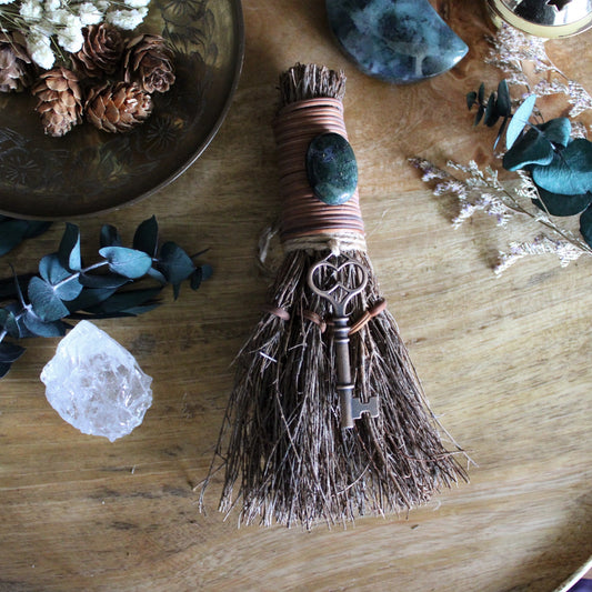 Skeleton Key Witch's Broom, Crystal Witch Altar Besom with Moss Agate