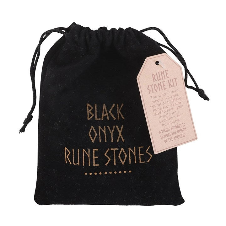 Black Onyx Viking Rune Stones Set – 25 Norse Divination Runes with Drawstring Pouch