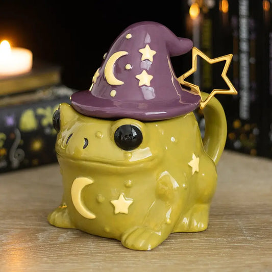 Wizard Toad Ceramic Mug with Witch Hat Lid & Star Spoon | 530ml Witchy Tea Cup