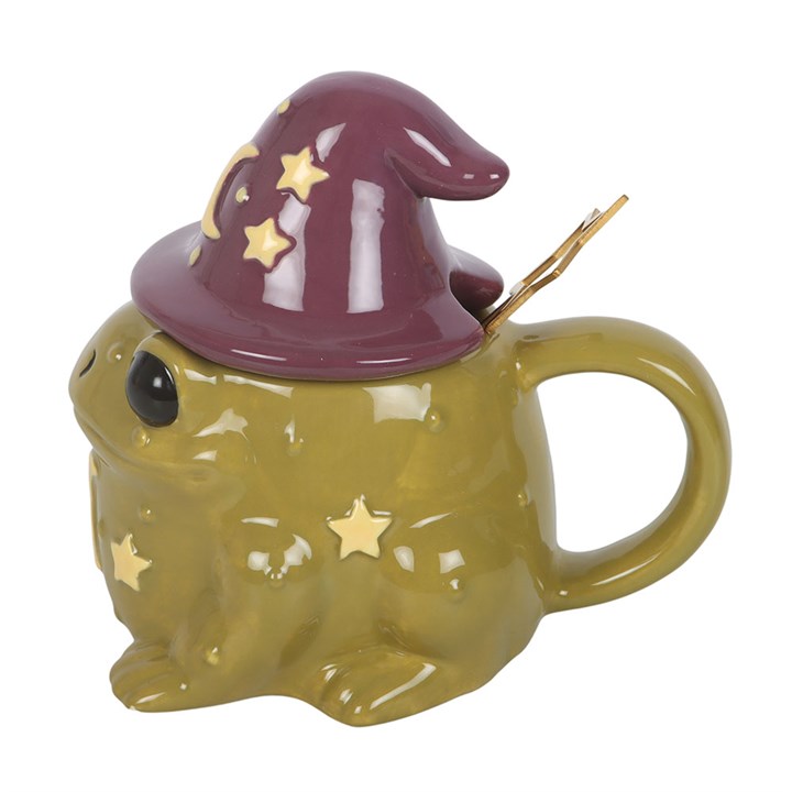 Wizard Toad Ceramic Mug with Witch Hat Lid & Star Spoon | 530ml Witchy Tea Cup